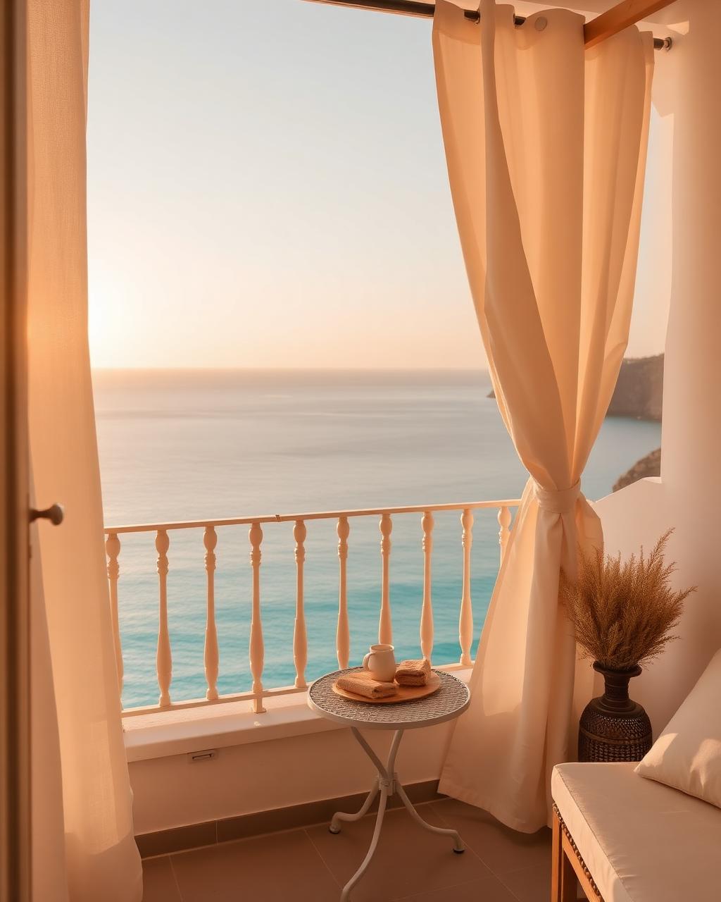 Balcony overlooking a turquoise sea at sunset