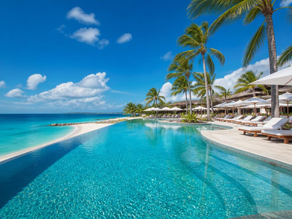 Beachfront infinity pool lined with palm trees and lounge chairs